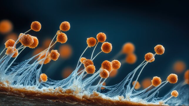 Ultra macro view of fungi growth on bread showing conidia in detail