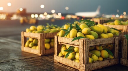 Obraz premium Crates of fresh mangoes await global shipping at an airport during the early evening hours