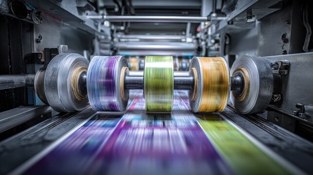 High speed flexographic printing press produces colorful flexible materials in a production facility