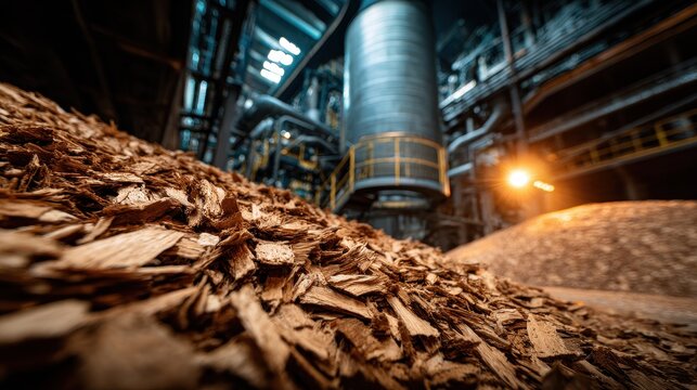 Wood chips stored in industrial facility for heating during daytime use