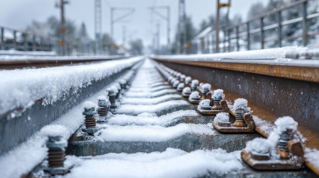 Detailed view of snowy train track with rail fasteners during winter in a quiet location