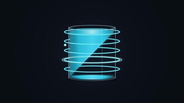 Futuristic transparent data vessel filling with glowing liquid energy and sequential circuit activation, representing loading, processing, system initialization and digital progress in a seamless loop