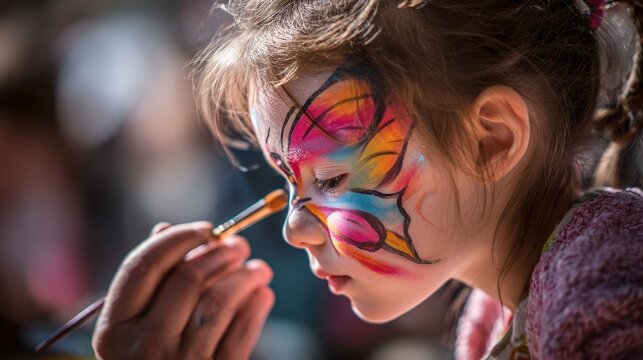 Faceless little girl enjoys colorful face painting at a festive event in the park during the afternoon