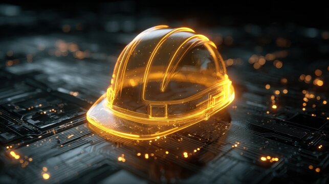Glowing construction safety helmet floating above digital surface with light effects
