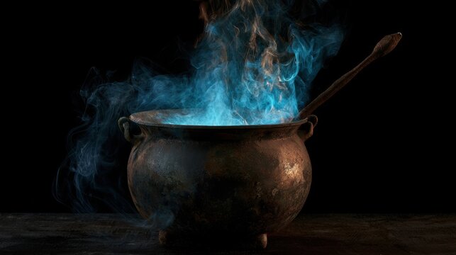 Old rustic metal pot with blue mystical smoke rising in dark environment creating mysterious magical atmosphere and fantasy ritual scene