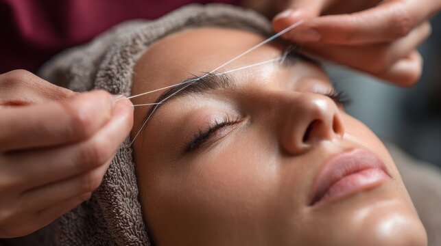 Woman receives expert eyebrow threading service in a beauty salon during the day
