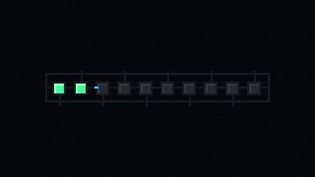 Premium 8-bit pixel progress loading animation featuring sequential digital energy activation through a retro circuit grid. Seamless 6-second loop suitable for gaming, technology, software loading, da