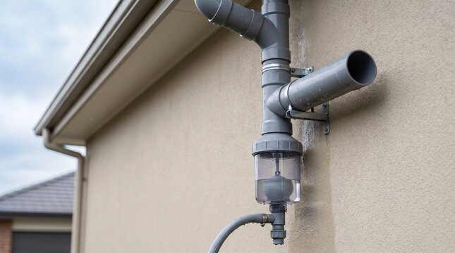 Rainwater harvesting first flush diverter valve and filtration chamber connected to collection pipe, sustainable water management component for clean storage, drainage control, reuse and conservation