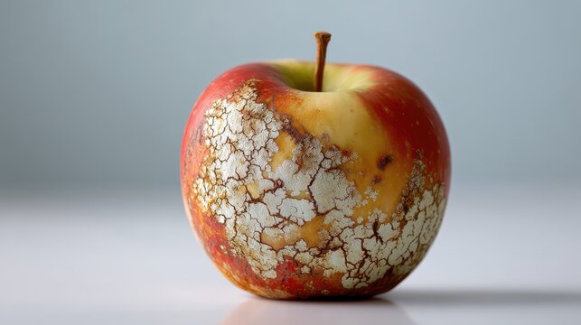 Close up still life of a decomposing apple on a clean surface in a well-lit room during daytime