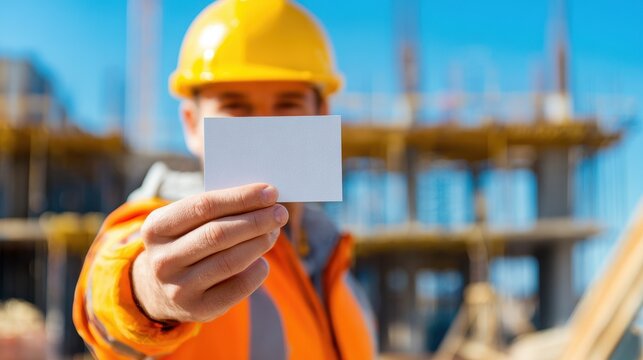 Faceless construction worker holding a card at a bright construction site during the day