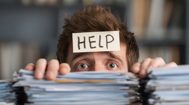 Man overwhelmed with tax documents holds a help sign for support during tax season at home