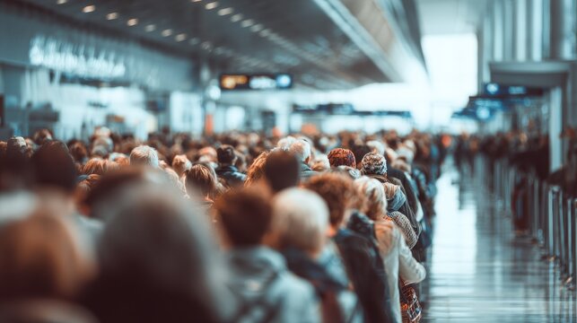 Long queue of faceless passengers waiting at airport gate for boarding
