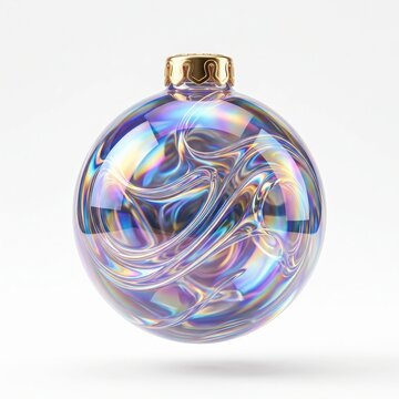 Iridescent Christmas Ornament Ball with Golden Cap on White Background