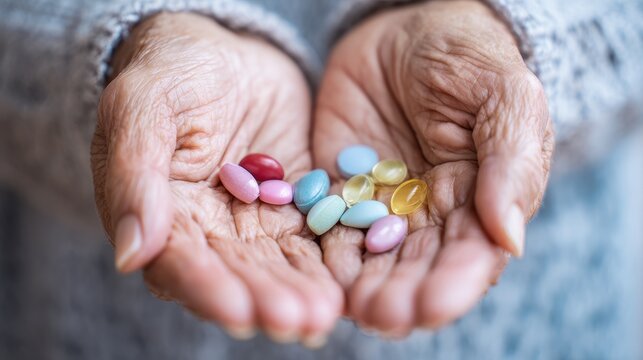 Elderly hands hold various medications showing importance of health care for seniors in daily life