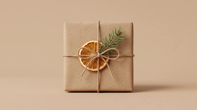 Rustic Christmas Gift Box with Dried Orange and Evergreen Branch