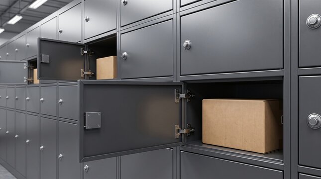 Modern parcel locker internal compartment system with modular delivery bays and secure storage doors, urban ecommerce logistics infrastructure for contactless package collection, last mile delivery