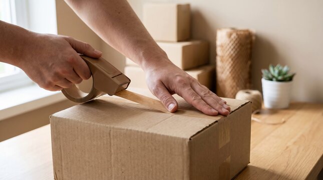 Hands Sealing Cardboard Box for Ecommerce Shipping and Packaging
