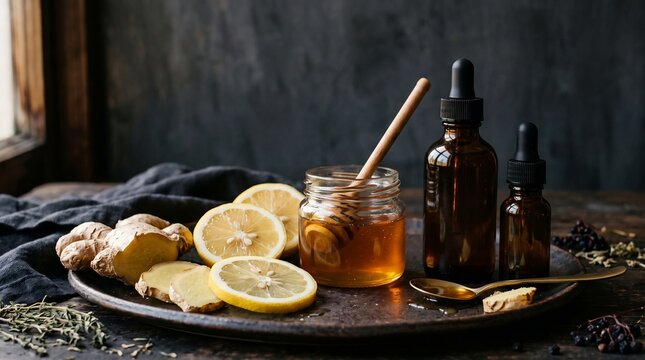 Natural wellness still life featuring honey, fresh lemon, ginger root, amber glass dropper bottles, and wooden spoon on a rustic dark table.