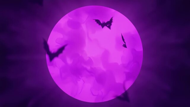 Neon cyberpunk black bats swarming around giant glowing purple moon, electric pink cyan accents