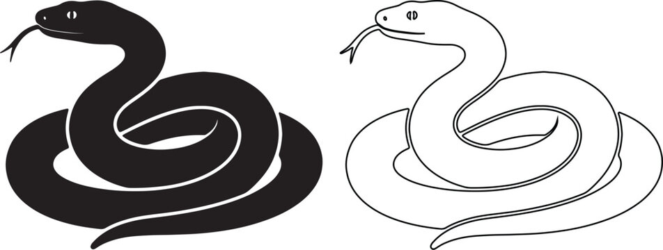 Coiled snake vector silhouettes, black and white serpent icons set, minimalist reptile illustrations for logo and tattoo design, 2 elements isolated on Transparent Background