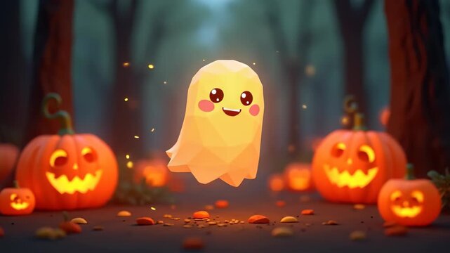 Low-poly cute glowing ghosts floating between orange pumpkins in forest, bright faceted style