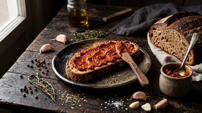 Artisanal sourdough bread topped with rich tomato spread, served on a rustic ceramic plate with fresh herbs, garlic, pepper, and olive oil.