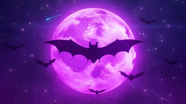 Neon bat swarm flying across giant purple full moon, cyber style