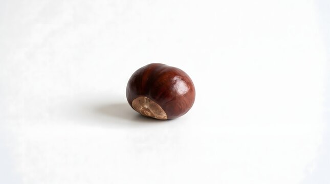 A single brown sweet chestnut, isolated against a white background (macro shot). AI generated.