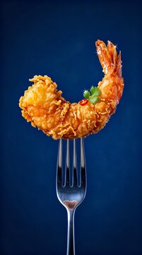 Crispy Fried Shrimp Tempura on Fork Against Blue Background