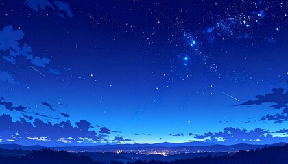 Fototapeta premium Anime-Style Illustration of a Starry Night Sky Over a Mountain City
