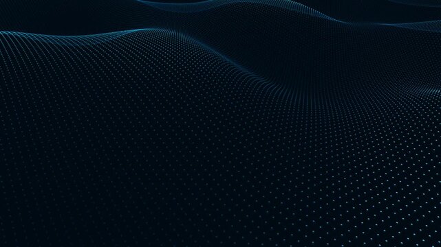 Futuristic digital blue wave mesh of glowing particles on a dark background for technology