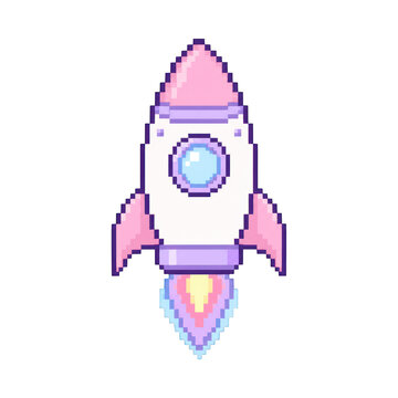 PNG Pixel art rocket with pastel colors and rainbow flames.