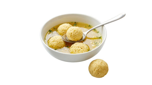 Matzah ball soup in a white bowl with a spoon, isolated on transparent background