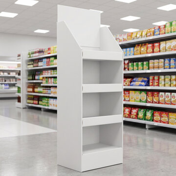 Narrow Corrugated Cardboard FSDU Display Mockup in Supermarket Aisle