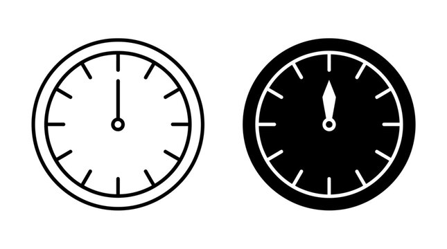 Set of Analog Clock Icons with Outline and Solid Fill Styles for Time Management and Scheduling Concepts
