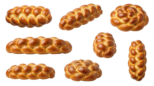 Collection of traditional braided challah bread loaves for jewish holidays, isolated on transparent background