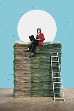 Businesswoman sitting on a large stack of 100-euro notes, flat design.