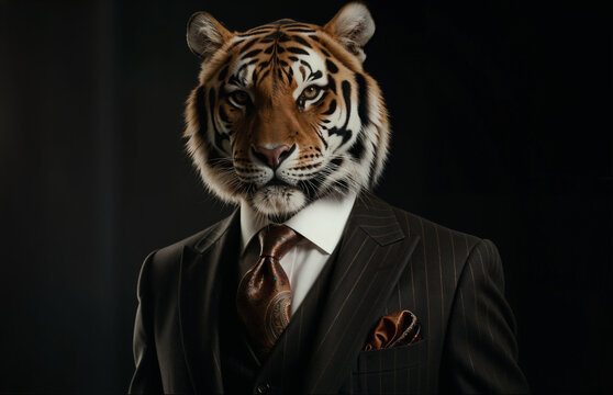 Confident Businessman with a Tiger Head in a Suit