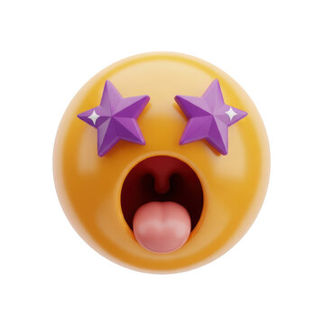Starry eyes emoji with open mouth and tongue out isolated on transparent background.