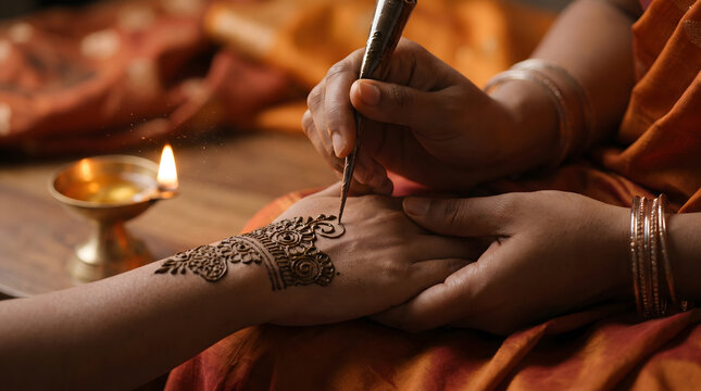 A beautiful close-up captures a skilled artist meticulously applying an intricate traditional Indian henna (mehndi) design on a woman's hand. The warm glow of a traditional oil lamp illuminates the...