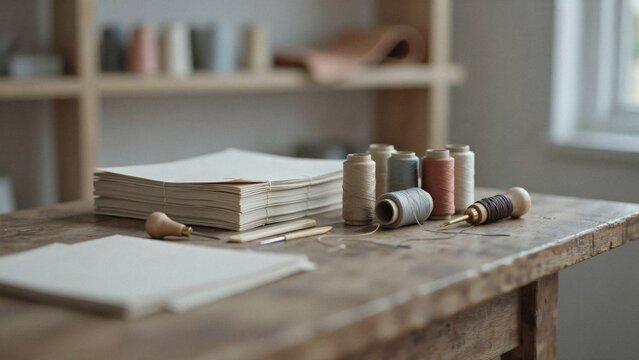 Bookbinding tools and stacks of paper on a rustic wooden table in a workshop with Bookbinding supplies with supplies