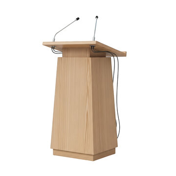 Wooden podium with microphones for presentations and speeches on checkered background.