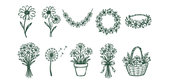 Daisy chain and floral arrangement doodle set Vector Illustration