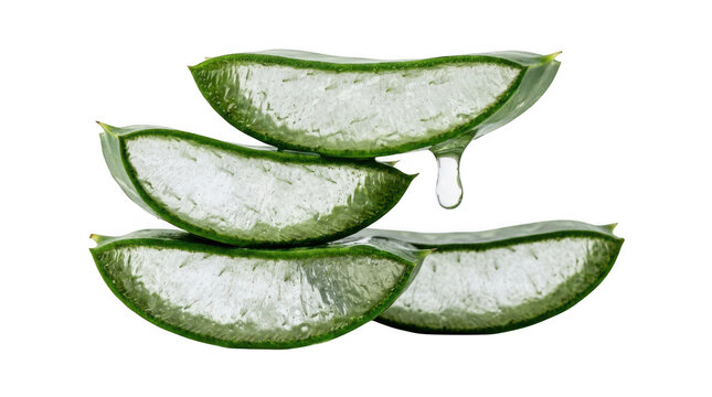 Fresh aloe vera slices with dripping gel, isolated on transparent background