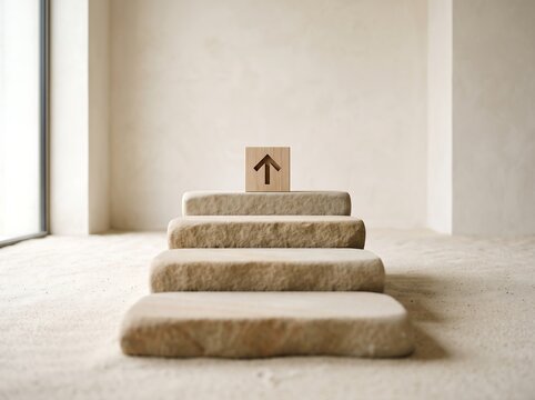 Wooden cube with upward arrow on stone steps