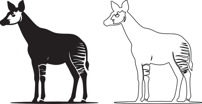 Minimalist okapi silhouette and line art vector set, African forest giraffe illustrations, black and white wildlife animal icons for logo design isolated on Transparent Background