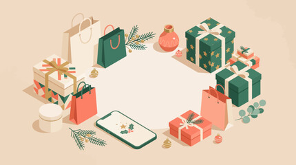 Naklejka premium Isometric illustration of holiday shopping with gift boxes, shopping bags, and smartphone on a beige background
