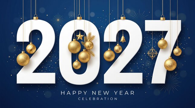 Happy New Year 2027 celebration background, white 3D numbers with hanging gold Christmas ornaments, elegant navy blue festive banner