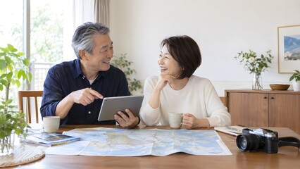 Fototapeta premium 旅行の計画を立てる高齢の夫婦