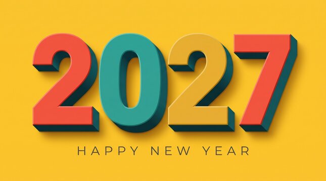Retro 2027 Happy New Year typography, colorful 3D numbers on yellow background, vintage aesthetic seasonal greeting card design